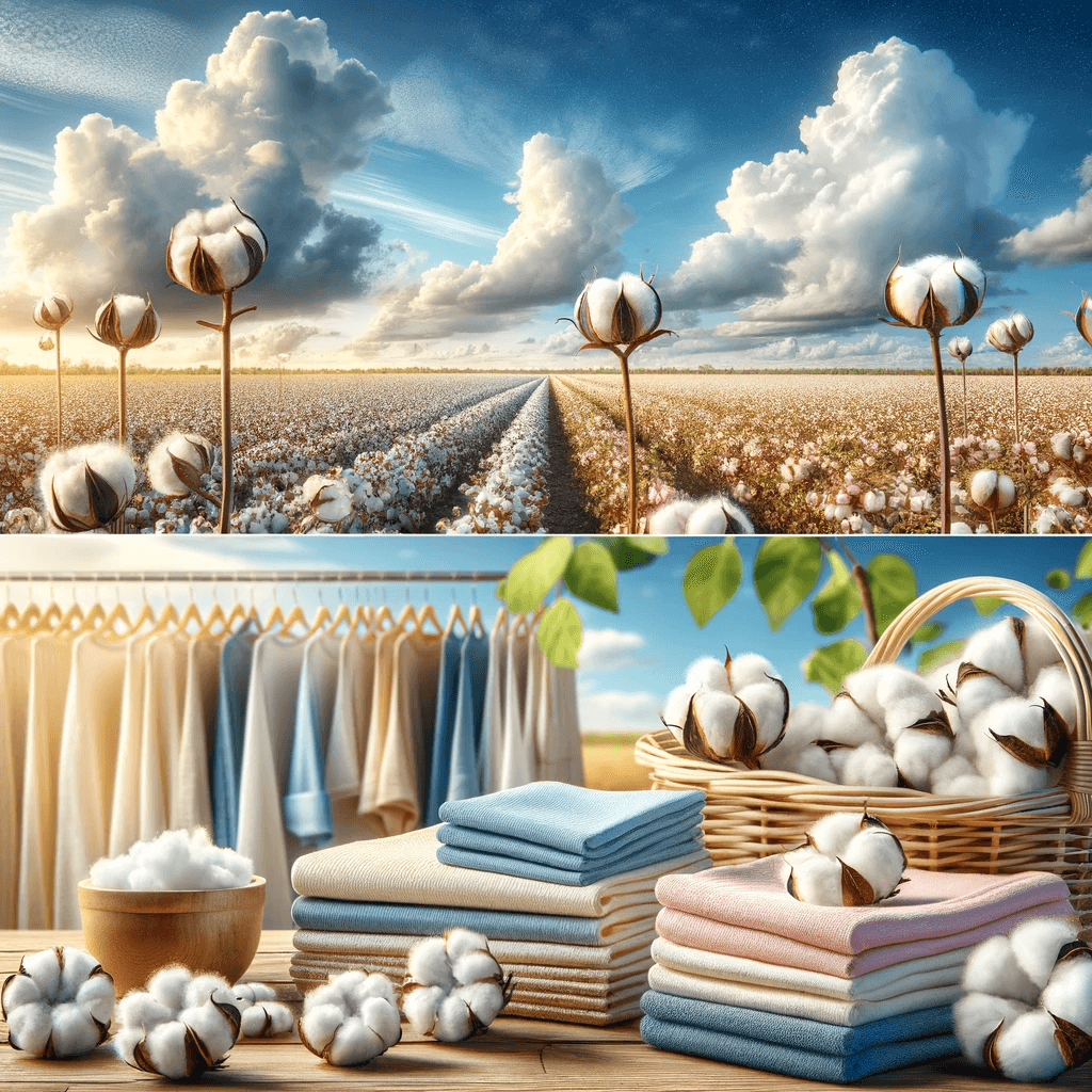 A realistic image showcasing a cotton field under a clear blue sky. Close-up views of cotton bolls at various stages of opening are prominently featured.