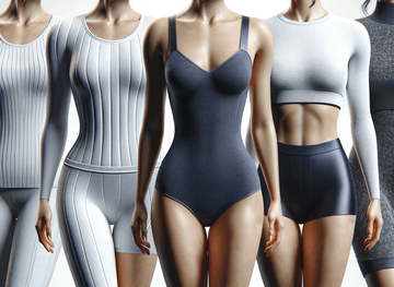 A lineup of women with varying facial features wearing elastane-infused clothing, showcasing the material's flexibility.