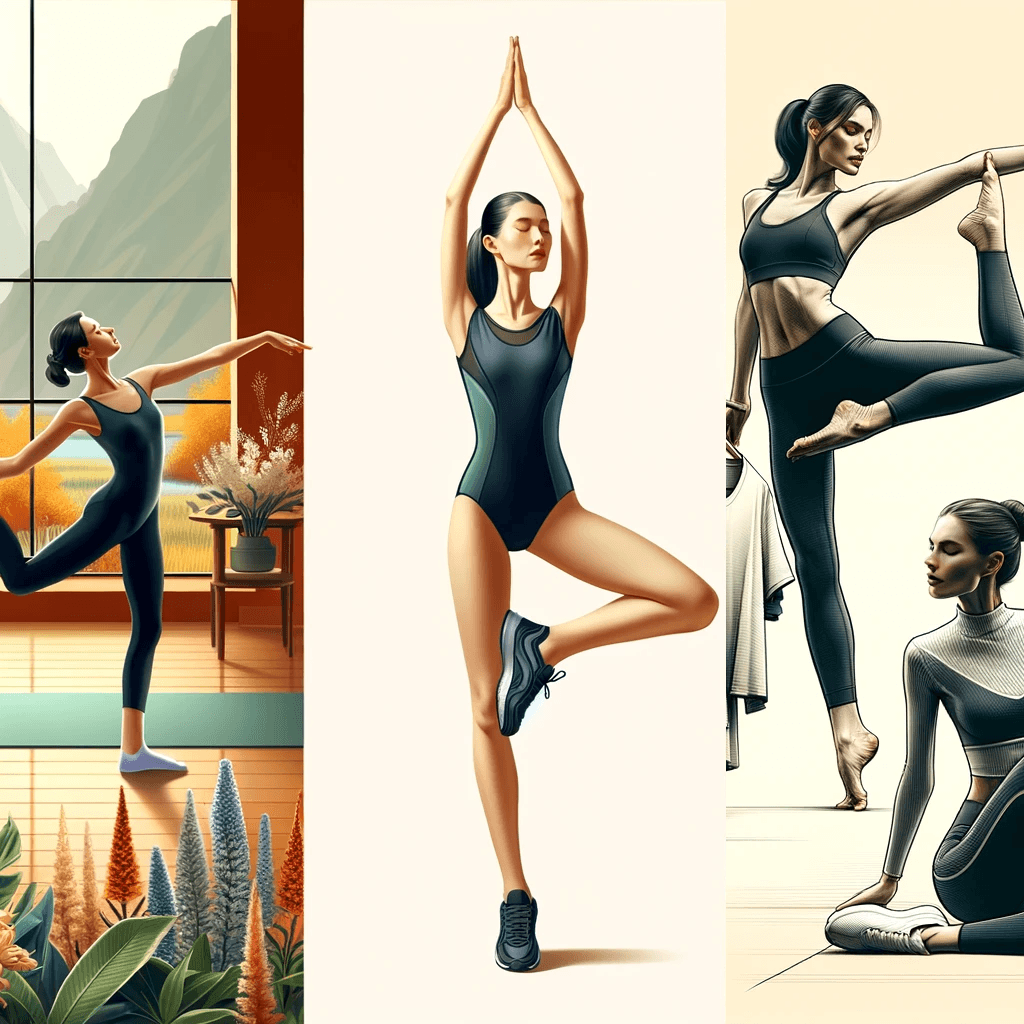 Three women showcasing the versatility of trikot apparel in activities such as yoga, dance, and casual wear.