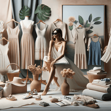 A picturesque image highlighting the versatility and aesthetics of viscose fabric. It features a collection of clothing items made from viscose, including lightweight summer dresses, comfortable home wear, and elegant outfits.