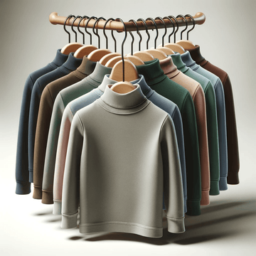 Cozy array of children's turtleneck sweaters in muted earth tones, neatly displayed on wooden hangers, offering a variety of warm clothing options for cooler weather.