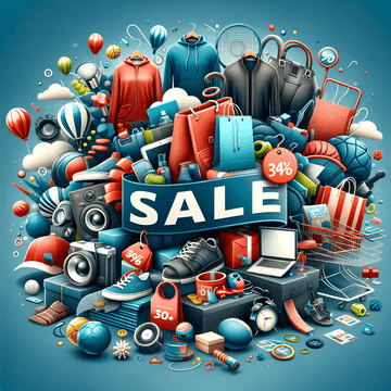 Dynamic and colorful composition for a sale event, featuring an assortment of items such as electronics, clothing, sports equipment, and accessories, all with discount tags and a prominent 'SALE' sign at the center.