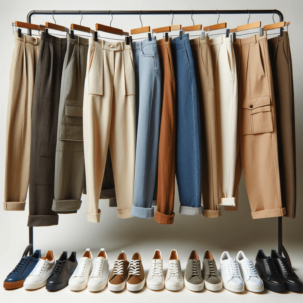 Fashionable collection of women's pants in a range of colors and styles, including tailored trousers and casual denim, displayed above a selection of sneakers on a rack.