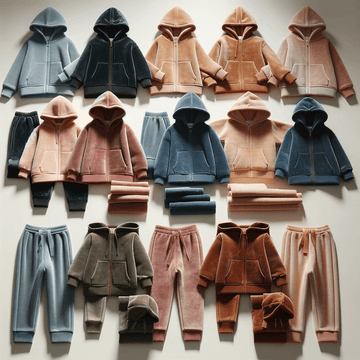 A selection of children's tracksuits in soft pastel and earth tones, including hoodies and matching sweatpants, neatly displayed on a light background.