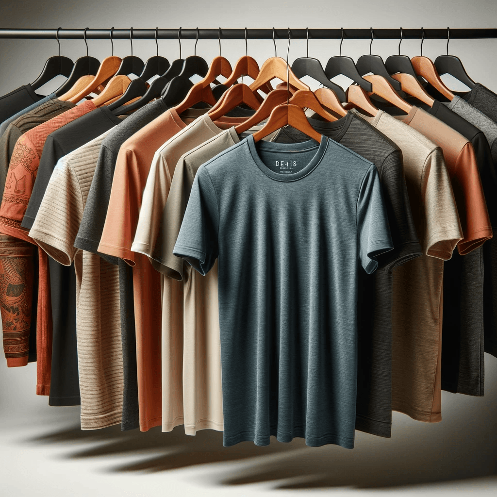 A range of men's T-shirts in an earthy and neutral color palette, hung on wooden hangers against a modern backdrop, emphasizing a minimalist and sophisticated style.
