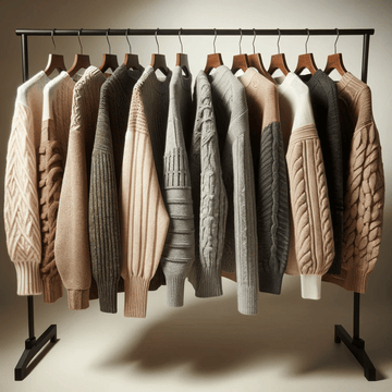 A collection of women's knitted sweaters on hangers, featuring a range of patterns and neutral colors, showcasing cozy winter fashion.