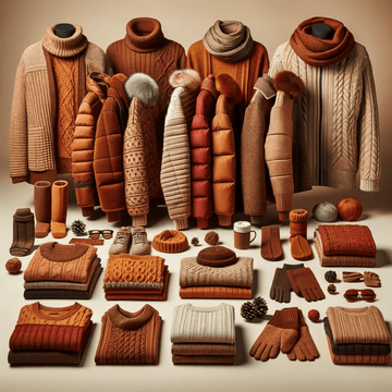 A cozy collection of winter wear, including thick sweaters, turtlenecks, padded jackets, scarves, gloves, and woolen socks, all in warm earth tones, arranged to suggest warmth and comfort during the winter season.