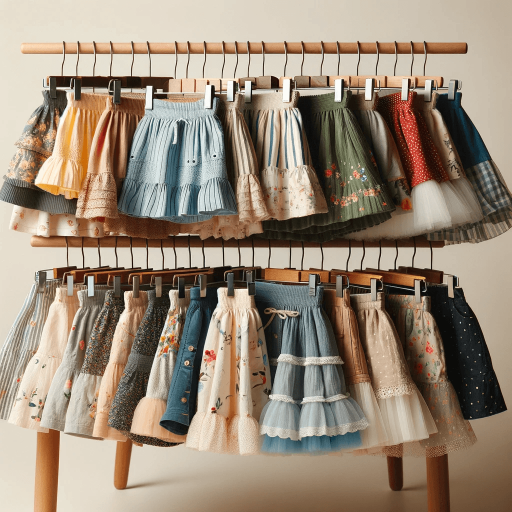 A delightful collection of children's skirts in an assortment of styles, textures, and colors, ranging from tulle to denim, adorned with various patterns, displayed on two levels of a rack.