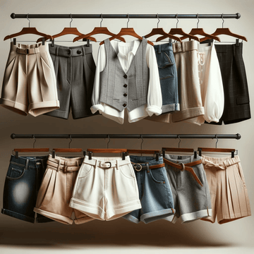 An assortment of stylish women's shorts in different fabrics and colors, such as denim, khaki, and dress shorts, hung neatly on a rack.