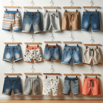 Colorful and patterned children's shorts in a variety of styles including denim, striped, and printed, all hung on a wall display for easy viewing and selection.