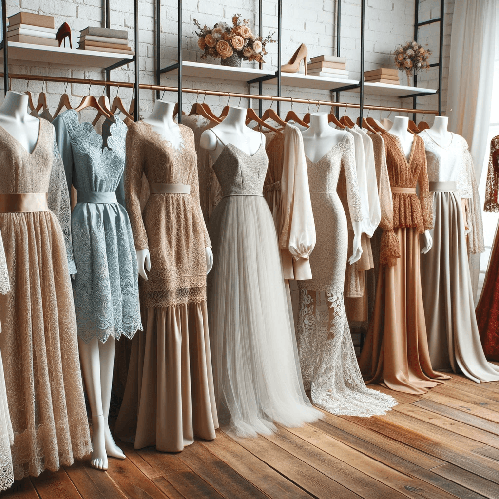A collection of women's dresses in various lengths and styles, from lacy cocktail dresses to flowing evening gowns, displayed on mannequins in a boutique setting with floral arrangements and heels in the background.