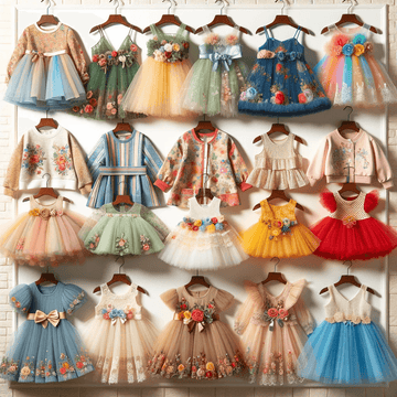 An enchanting collection of children's dresses featuring a range of colors, from pastel to vibrant, with intricate floral embellishments and tulle skirts, all hanging against a brick wall backdrop.