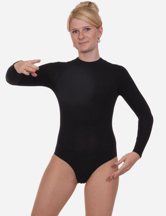 Female dancer in a stylish black leotard with a mock neck, presenting a dance pose with one hand, and wearing ballet shoes.