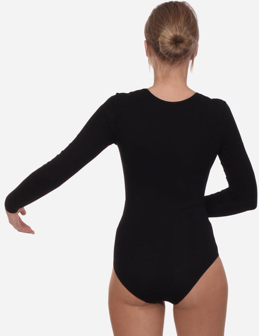Adult ballet dancer in a black leotard with a lower neckline and full-length sleeves.