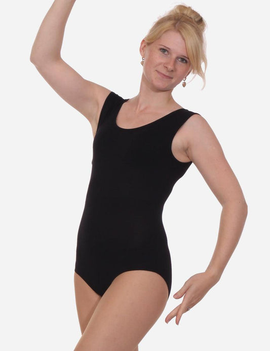 Adult female dancer in a sleeveless black leotard with an elegant raised arm pose, white background.