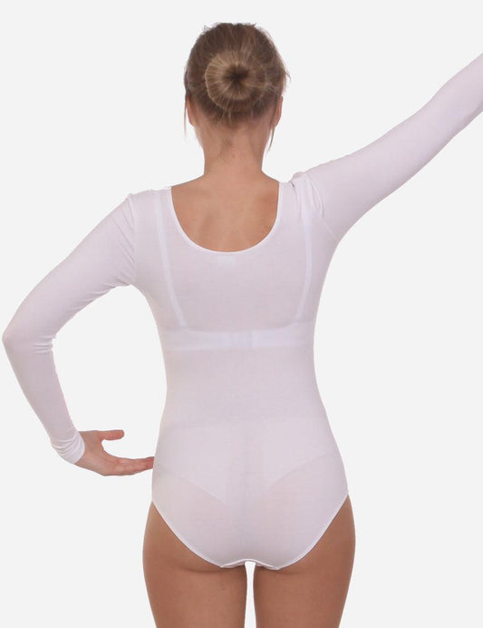 Back view of a woman in a white long-sleeved leotard with a ballet bun hairstyle.