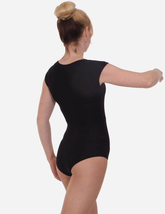Back view of a woman in a black stretch leotard with dropped shoulders and a high neck, on a white backdrop.