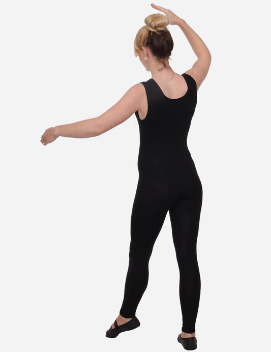 Back view of a black unitard sportswear worn by a woman demonstrating a dance pose.
