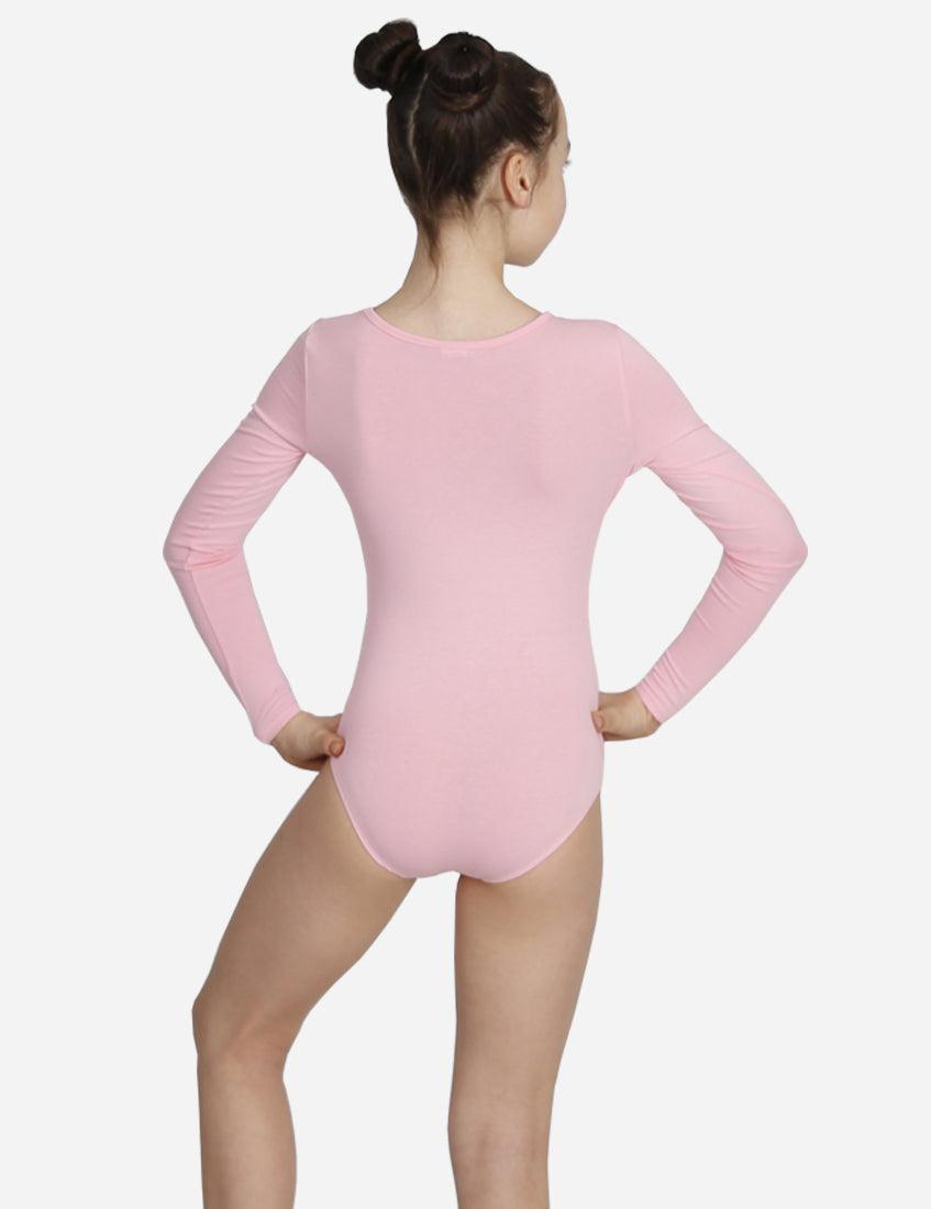 Child ballet dancer in pink long sleeve leotard with a zip back view