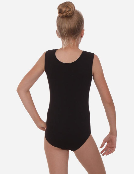 Back view of a child gymnast in a sleeveless black leotard with a neat bun, standing on tiptoes.
