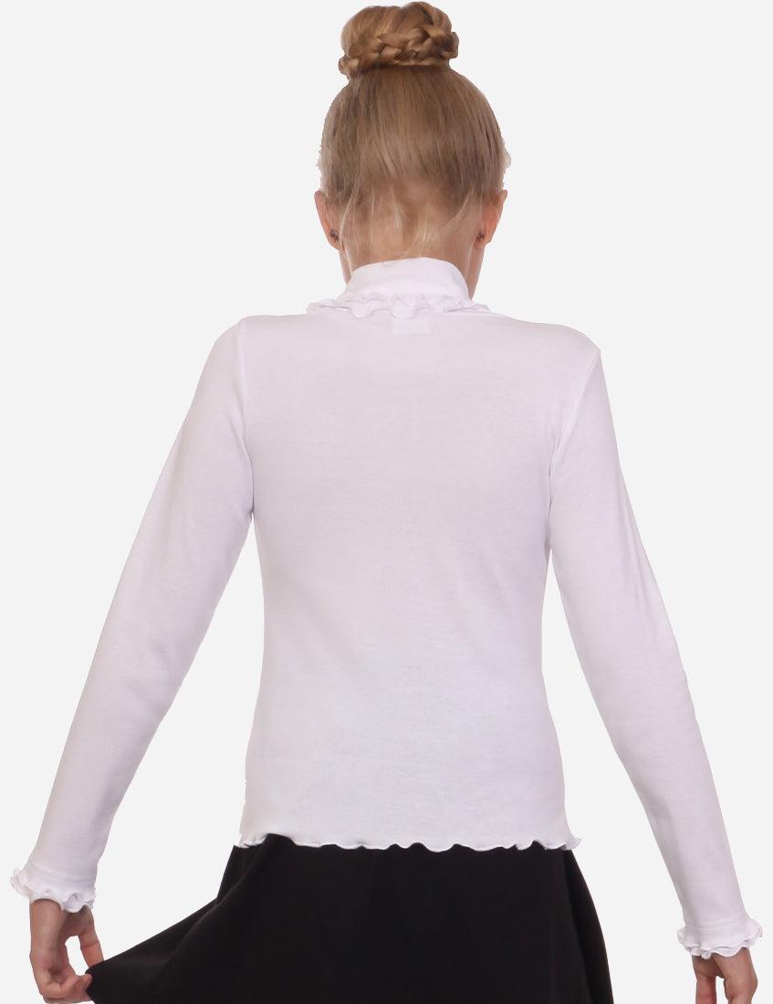 Rear view of a white long-sleeved children's turtleneck with ruffled collar, showcasing the simple yet elegant design.
