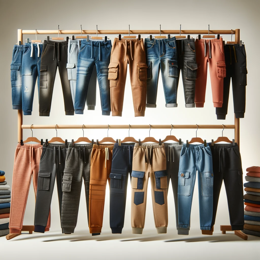Assorted collection of children's pants, including cargo-style joggers and denim, in a spectrum of colors from classic blues to earthy tones, presented on a wooden rack.