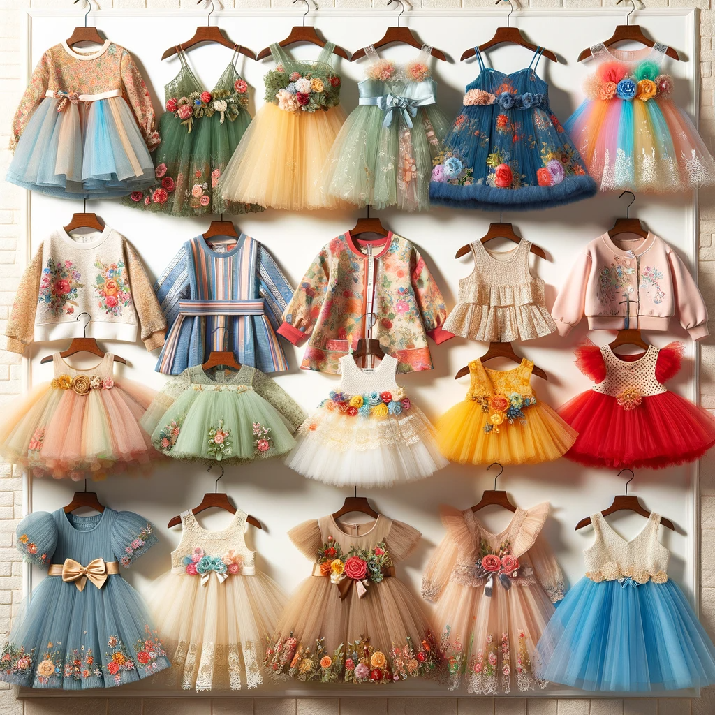 An enchanting collection of children's dresses featuring a range of colors, from pastel to vibrant, with intricate floral embellishments and tulle skirts, all hanging against a brick wall backdrop.