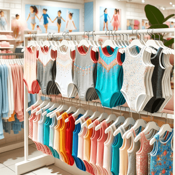 Bright and colorful children's leotards with various embellishments on display, hanging against a backdrop of a children's dancewear store with posters of young dancers in the background.