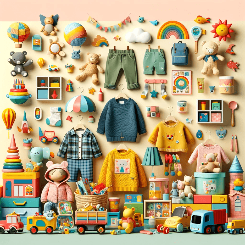 A playful and colorful collection of children's items, including toys, clothes, and books, arranged in a lively and engaging display, full of bright colors and cheerful designs.