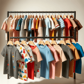 A vibrant array of children's T-shirts in a variety of patterns and solid colors, featuring playful prints, displayed on hangers against a light backdrop.