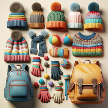 Colorful collection of children's winter accessories, including knitted hats with pom-poms, scarves, gloves, and playful backpacks, along with some juggling balls, arranged neatly against a soft background.