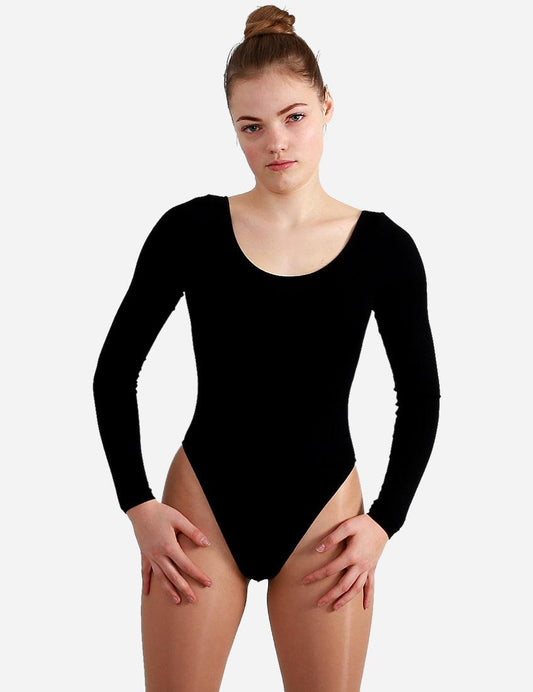 Classic black leotard with long sleeves, a versatile piece for dance practice or performances.