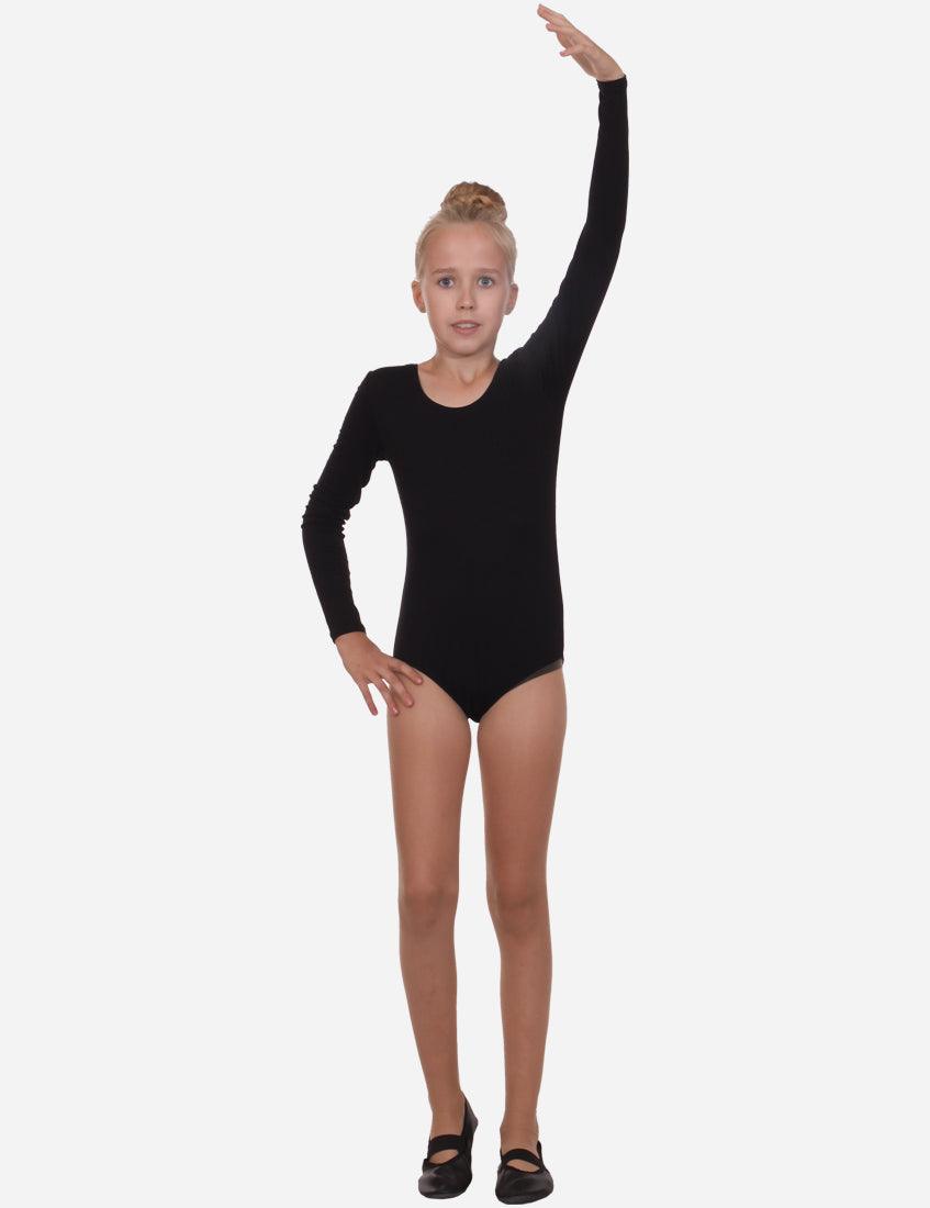 Young gymnast performing an arm raise in a black long-sleeve leotard, white background.