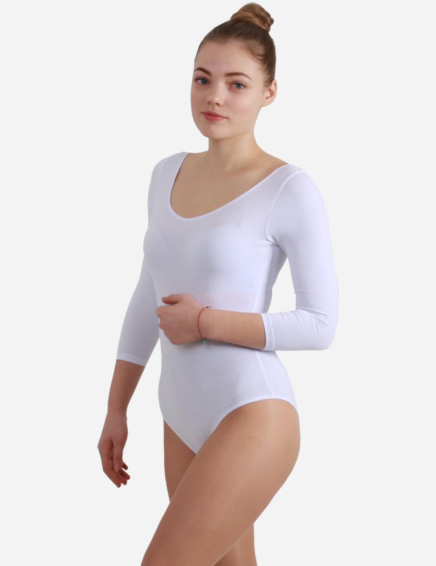 Elegant dancer in a white leotard with three-quarter sleeves, standing pose, isolated on white.