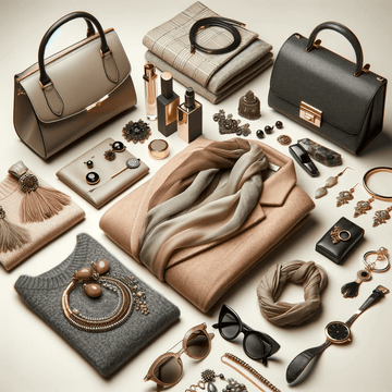 A curated selection of women's accessories, featuring elegant handbags, sunglasses, jewelry, scarves, and cosmetics, all arranged on a neutral backdrop for a sophisticated look.