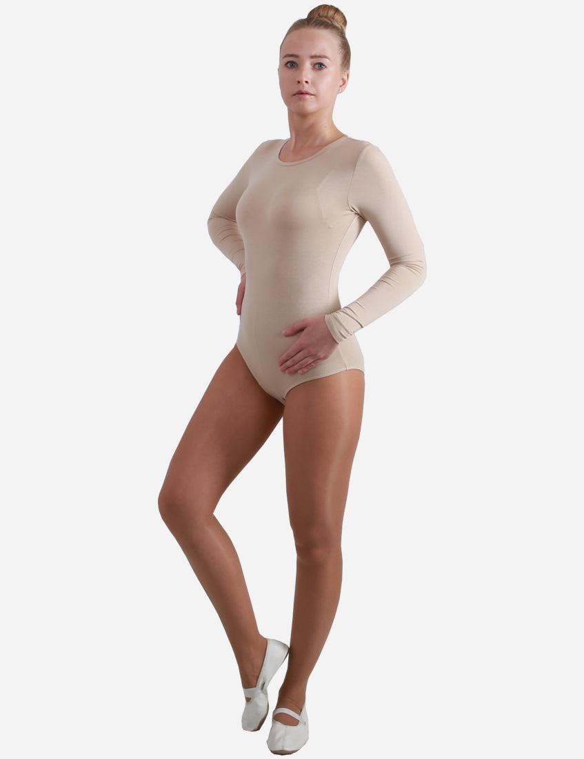 Female ballet dancer in a flesh-toned leotard with a lower neckline and three-quarter sleeves.
