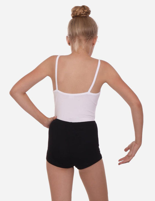 Back view of a young girl wearing a white tank top and black shorts on a white background