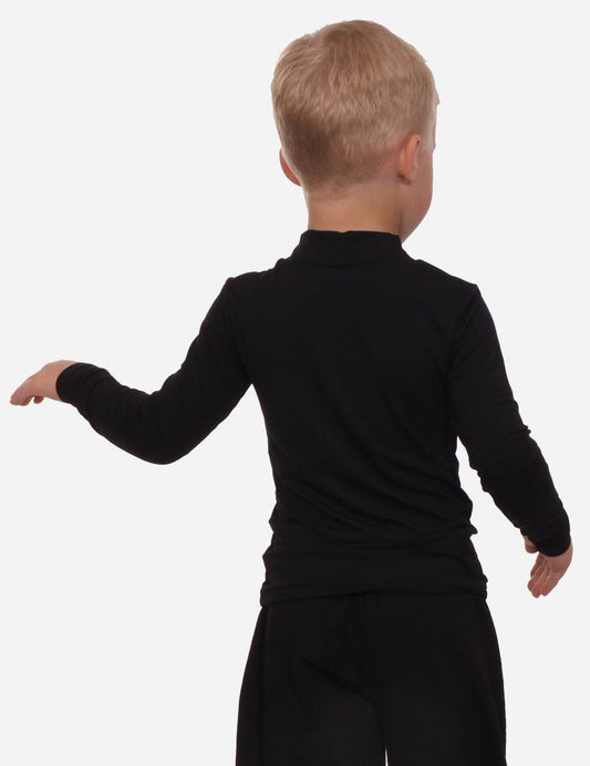 Child with back turned showcasing a black half-turtleneck sweater for kids, emphasizing comfort and stylish appearance.