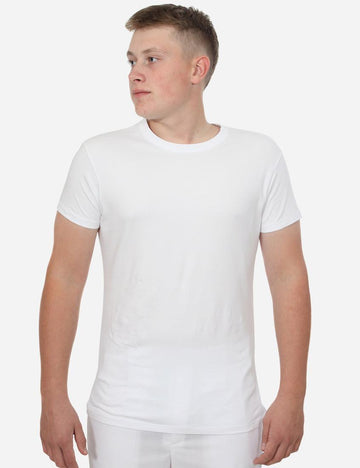 Man in plain white short-sleeved t-shirt looking to the side, casual style, on a white background