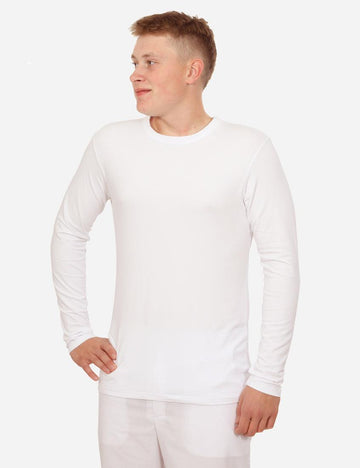 Man in a white long-sleeved t-shirt looking to the side, relaxed fit, isolated on a white background