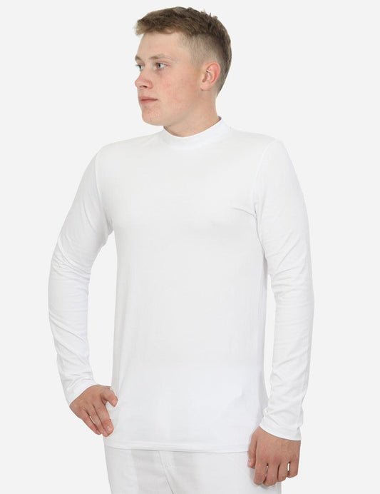 Man in white mock turtleneck long sleeve shirt looking to the side on white background