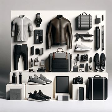 An elegant arrangement of men's fashion and accessories, featuring a leather jacket, dress shirt, trousers, sneakers, a briefcase, wristwatch, and various tech gadgets, all presented in a monochromatic color scheme.