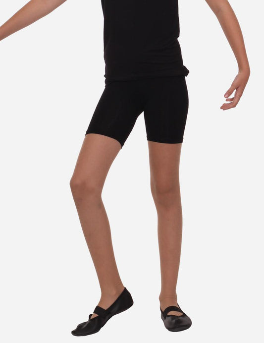 Mid-length black shorts on a model with dance shoes, depicted in a mid-stride pose highlighting the shorts' fit and flexibility.