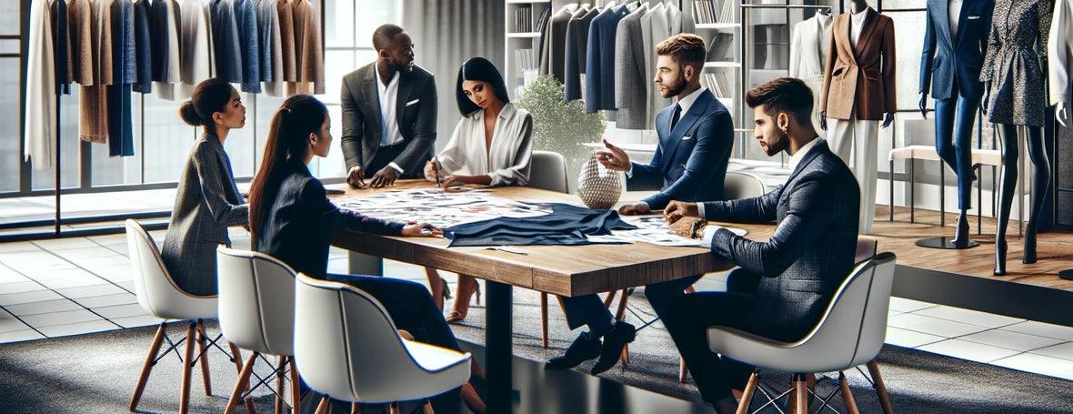 Professional team of fashion designers conducting a meeting in a modern showroom with clothing samples and mannequins in the background.