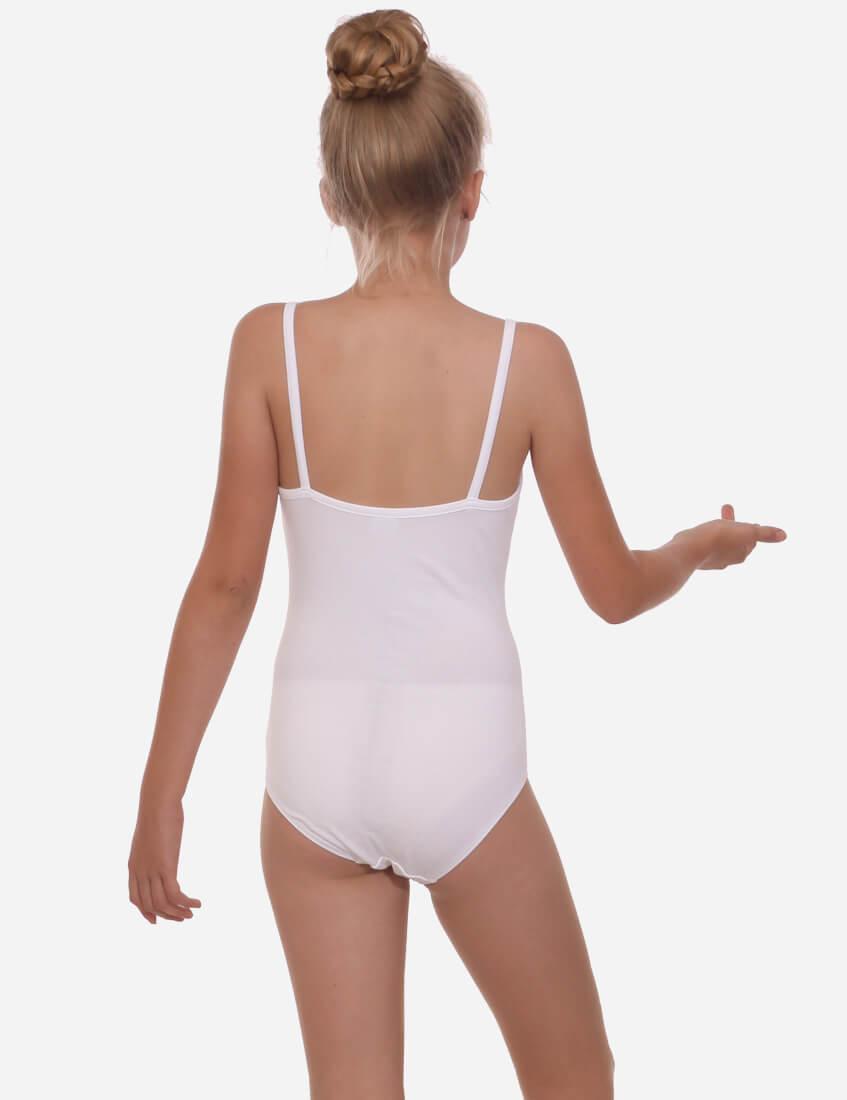 Back view of a young girl in a white leotard with thin straps, showing the leotard’s scoop back, hair in a bun.