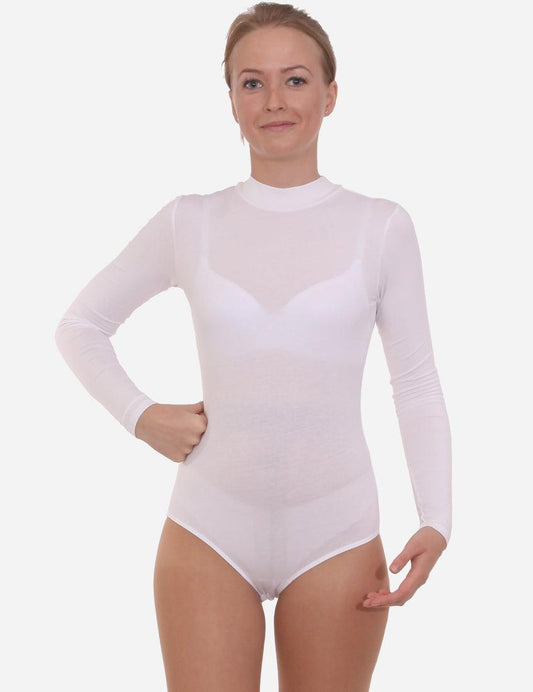 Woman facing forward in a white mock neck leotard, with a poised expression and neatly done hair bun.