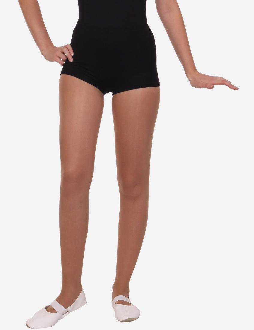 Front view of a woman in black short elastic shorts for a comfortable fit.