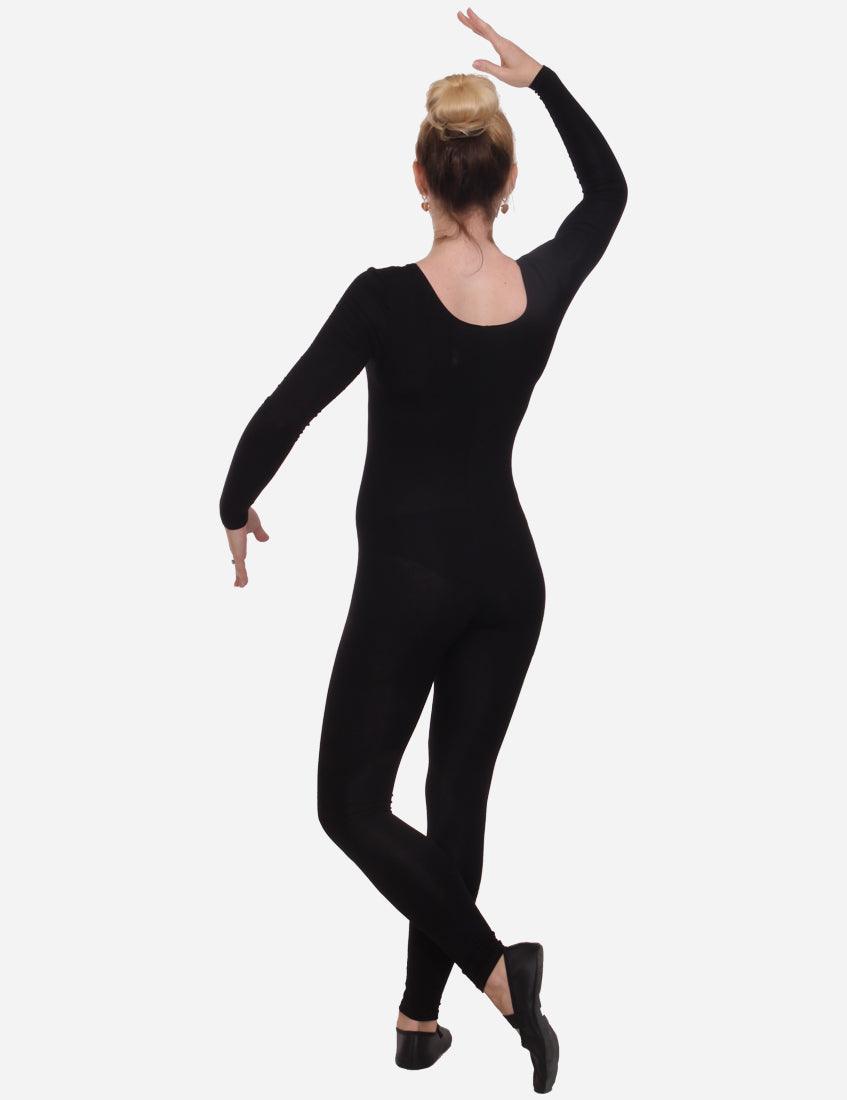 Rear view of a woman in a long-sleeve black cat costume with a ballet dance pose, isolated on white background.