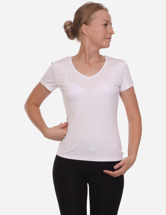 Woman in white V-neck t-shirt and black leggings, casual style, looking to the side, on a white background