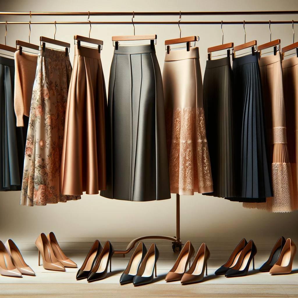 Elegant display of women's skirts in various styles and colors, with matching high heels lined up below on a wooden floor, showcasing fashion options.